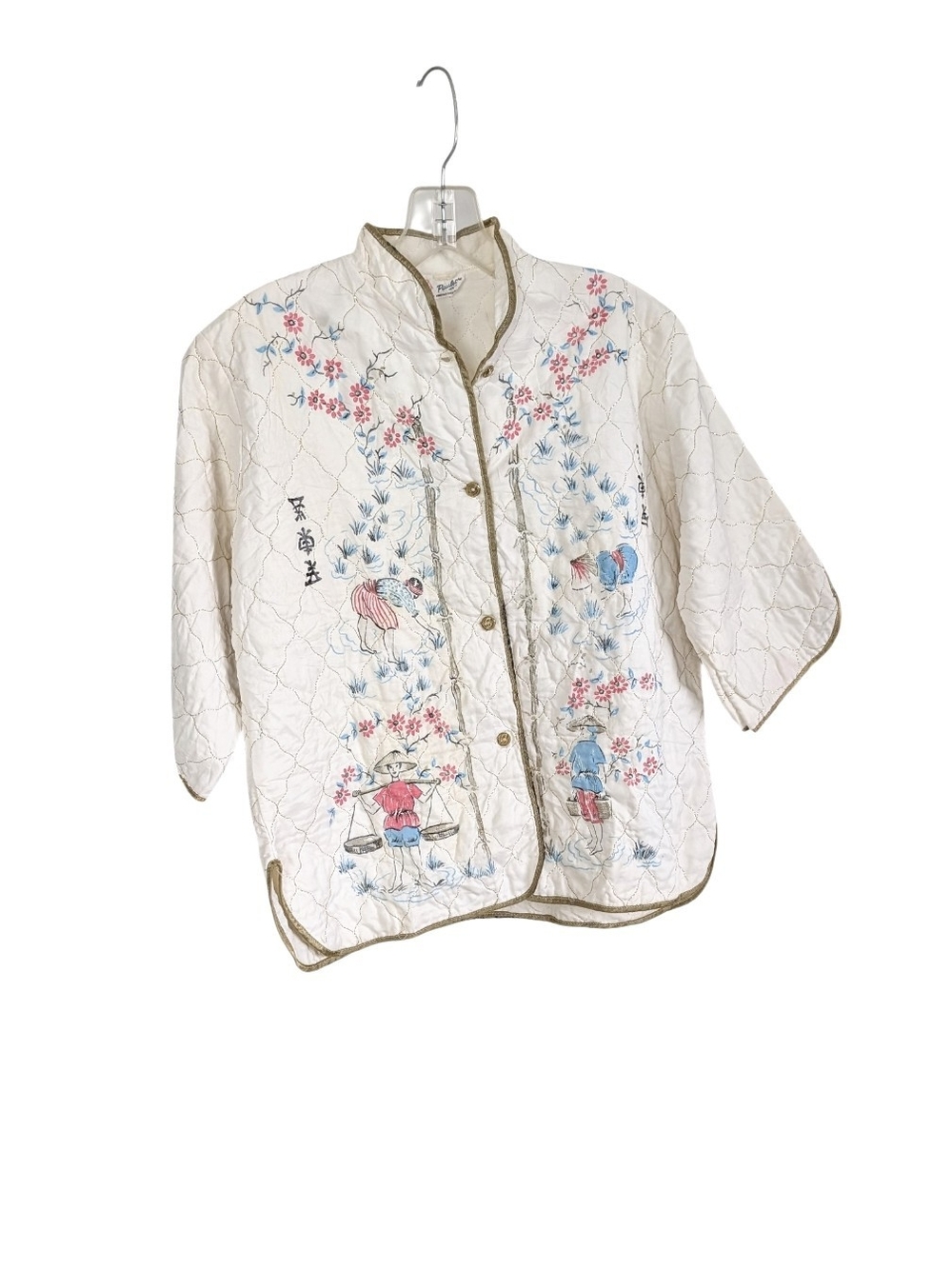 Vintage Paulette New York Quilted Asian Graphic Jacket Cream, Small/ Med
